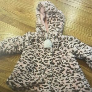 Baby Fuzzy Leopard Print Hooded Coat - Pink & Brown